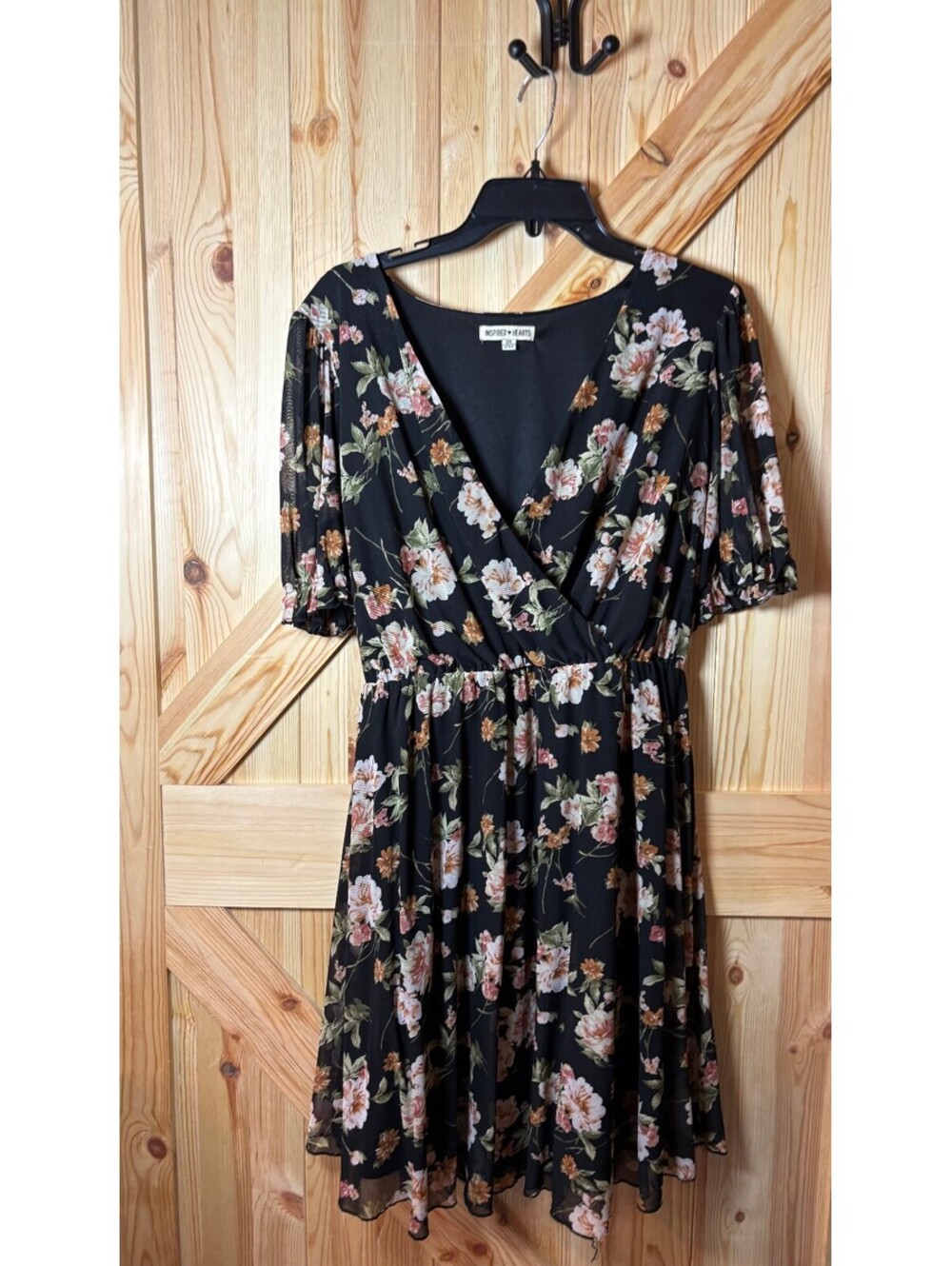 Inspired Hearts 2X Black Floral Mesh Dress with Puff Sheer Sleeves